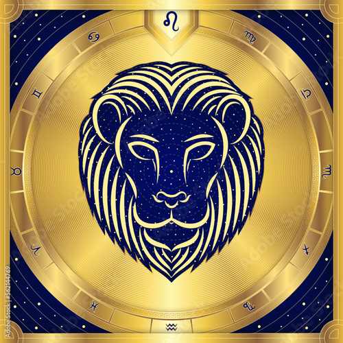 Lion Leo Zodiac Sign, Classic Luxury Golden Greek Meander, Stellar Star Sign, Horoscope Astrology Fortune-Telling and Future Prediction, Element Badge Icon Vector Design Illustration.