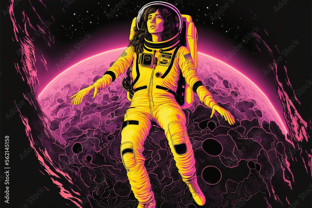 Fototapeta premium Generative ai astronaut woman exploring planet watching outer space