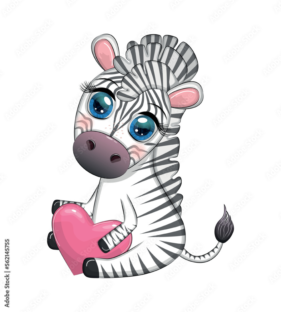 Cute zebra holds a heart in her hands. Valentine's day card