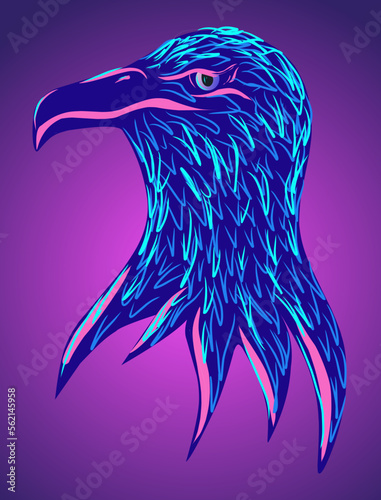 Blue and magenta vector eagle head with feather. Hand painted animal background, patriot symbol, logo