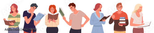 Group of people holding books and standing in a row. Students studying and preparing for examination