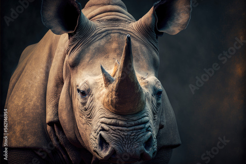 a frontal shot of a big rhino. isolated on dark background. Generative AI