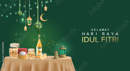 Happy Eid Mubarak. 3D Realistic Poster Design with Typical Eid Cookies from Indonesia. Eid Al Fitr Graphic Design with 3D Realistic Islamic Ornament. 