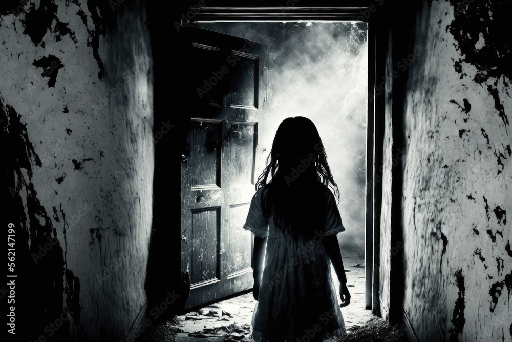 a young girl walks towards an open door, horror, nightmare. Generative AI