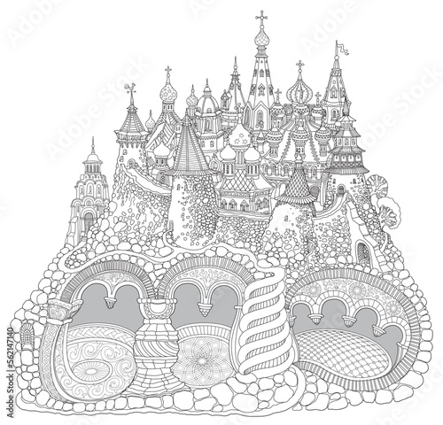 Fairy tale underground cave apartment in the old medieval town. Black and white Adults coloring book page