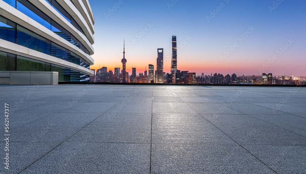 Empty square floor and city skyline with modern buildings in Shanghai, China. High Angle view.
