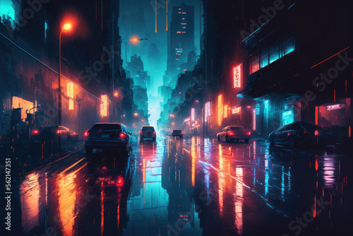 abstract illustration of a future big city with wet streets and neon glowing diodes. Generative AI
