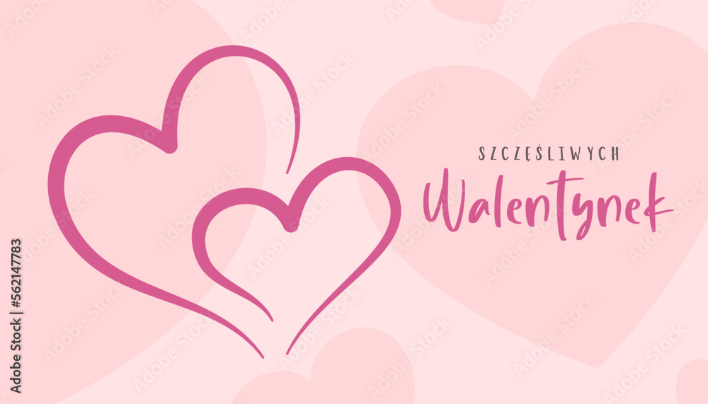 Happy Valentine's Day lettering in Polish with hearts and background. Greeting card. Cartoon. Vector illustration