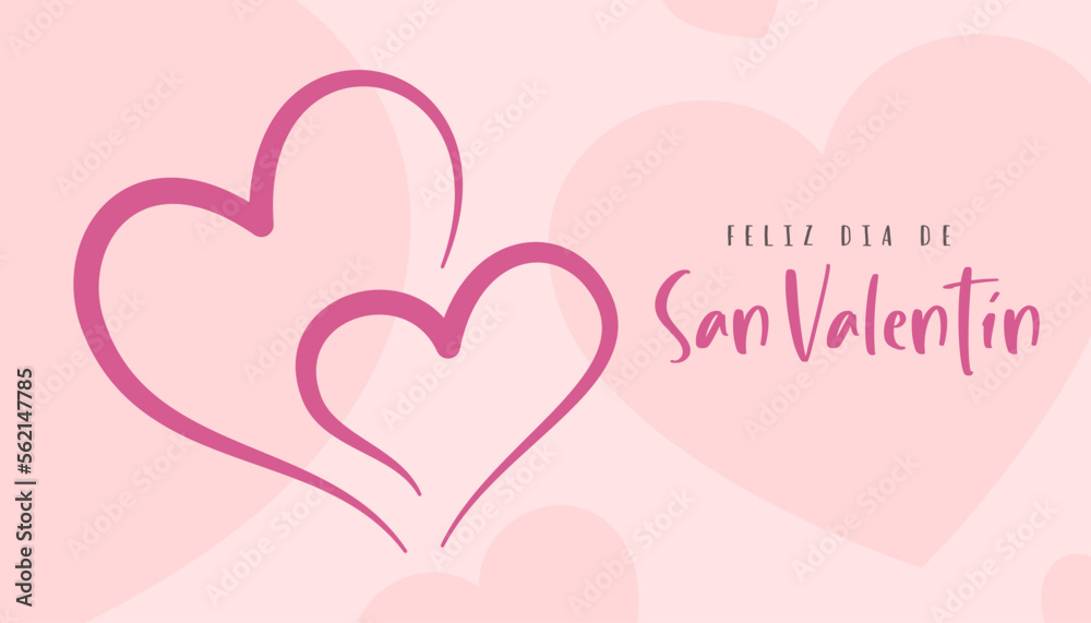 Happy Valentine's Day lettering in Spanish (Feliz da de San Valentn) with hearts and background. Greeting card. Cartoon. Vector illustration