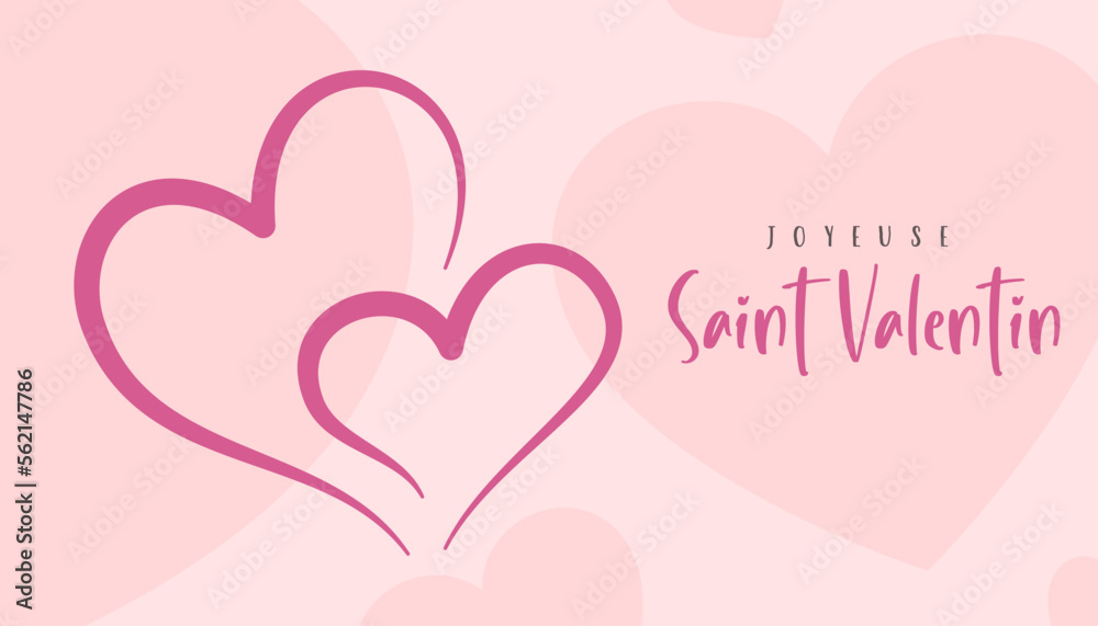 Happy Valentine's Day lettering in French with hearts and background. Greeting card. Cartoon. Vector illustration