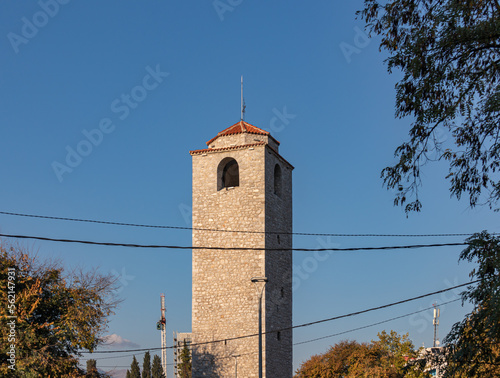Sahat Kula, an Ottoman clock tower in Podgorica, the capital of Montenegro, Balkans, Europe. Tourist attraction in centre of city. Ancient ottoman trict, clock tower used to announce the priest time