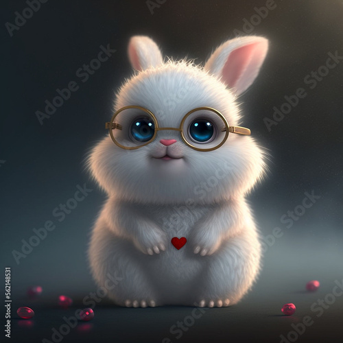 Little cute adorable white rabbit bunny holding Valentine s heart. Valentine s day concept.