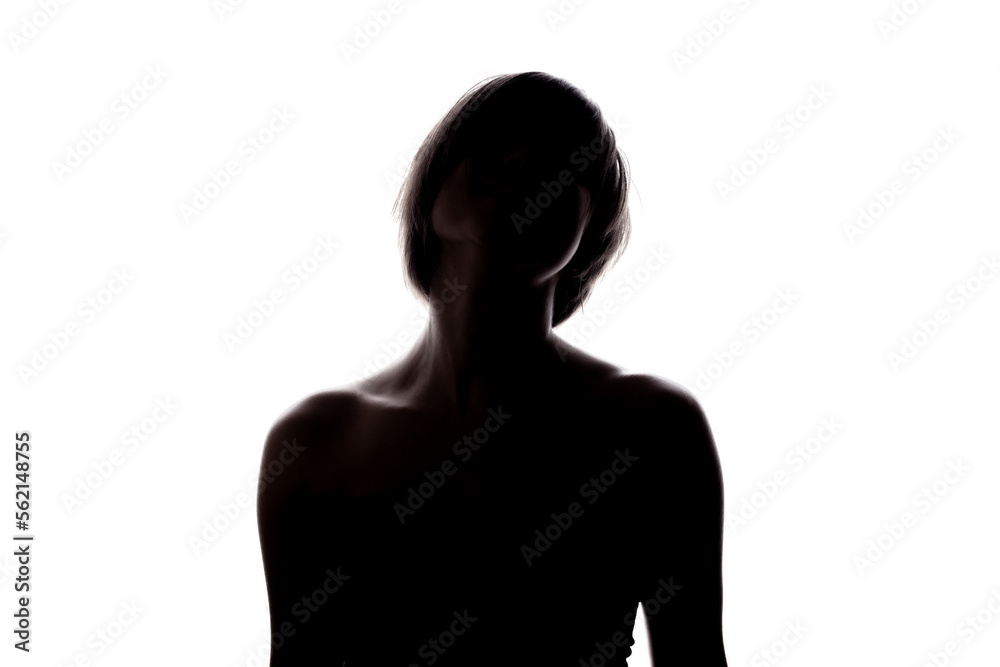 Silhouette portrait of a girl with short hairstyle. Isolated against white background .