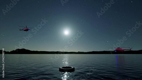 Two emergency helicopters searching for missing individuals near the water at night. photo