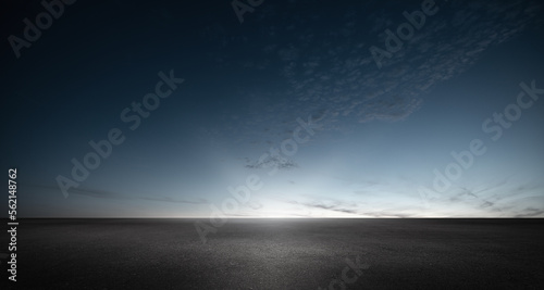 Obraz na płótnie Black Asphalt Floor Background and Dark Blue Night Sky Sunset Horizon with Subtl