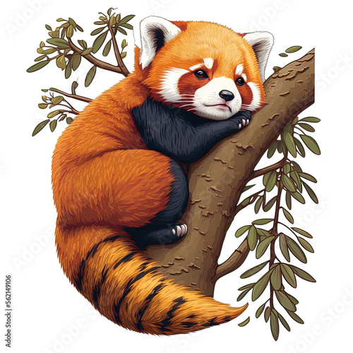 red panda sitting on a tree in wilderness illustration on isolated background