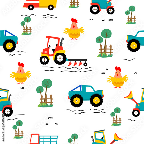 Farm pattern design.Cute tractor  and vehicle  cute chicken on white background. pattern.tractor pattern design for kids clothing  card  fabric.tractor truck abstract seamless pattern