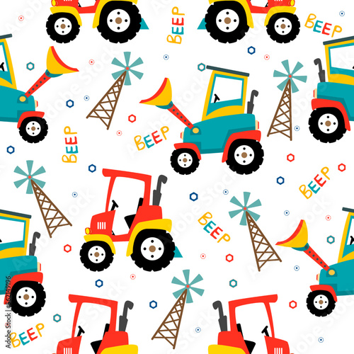 Farm pattern design.Cute tractor  and windmill on white background. pattern.tractor pattern design for kids clothing ,card, fabric.Countryside