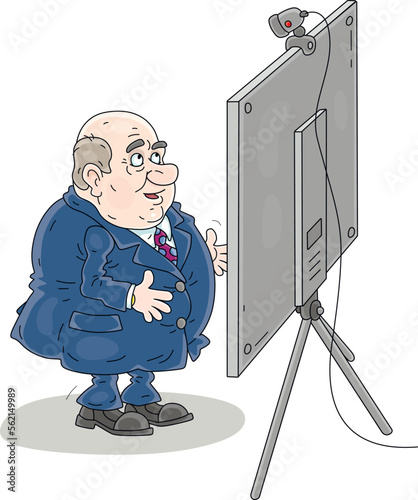 Chubby boring government official standing in front of a monitor with a web cam and making an important statement at an online press conference, vector cartoon illustration on white