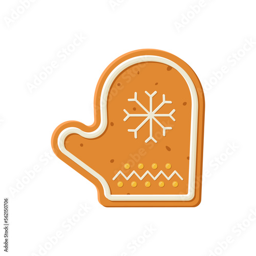 Gingerbread biscuit cookie decorated with colored icing in shape of mitten