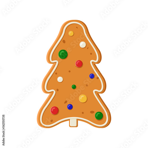 Gingerbread biscuit cookie decorated with colored icing in shape of christmas tree