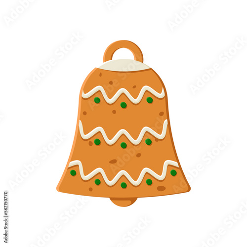 Gingerbread biscuit cookie decorated with colored icing in shape of bell
