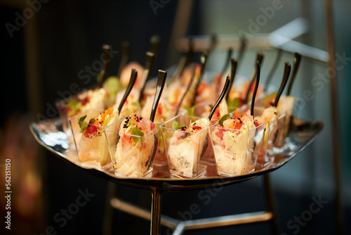 Catering. Salad in small glasses. Little sandwiches. Snacks. Event. Cooking 