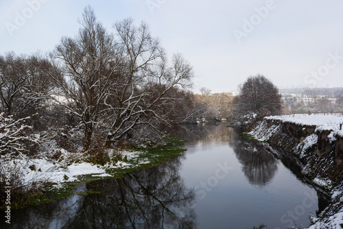 winter river, trees in the snow, view of the snow-covered forest