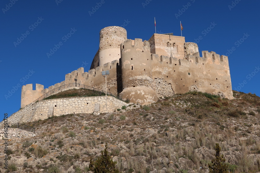 Biar, Alicante, Spain, January 14, 2023: Arab castle of Almohad origin from the 12th century at the top of Biar, Alicante, Spain
