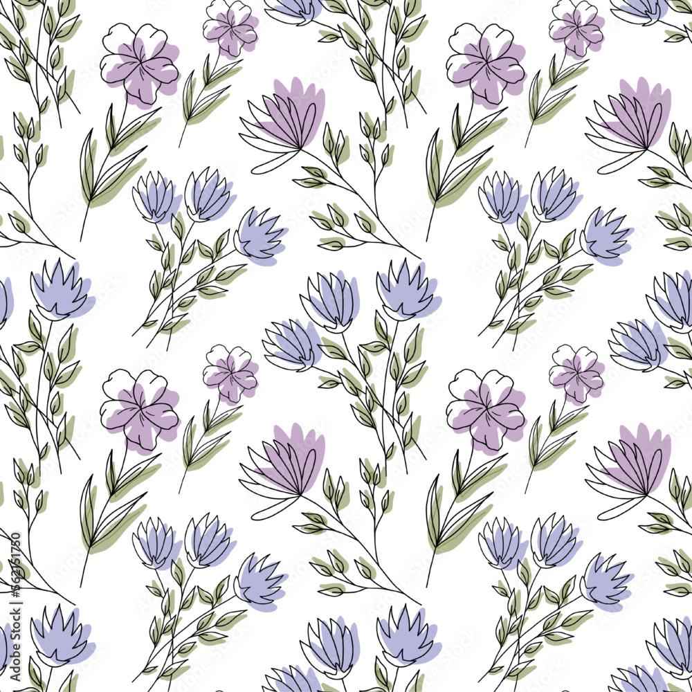 Tender seamless pattern with blue and purple wildflowers on white background. Vector illustration Tender seamless pattern with blue and purple wildflowers on white background. Vector illustration