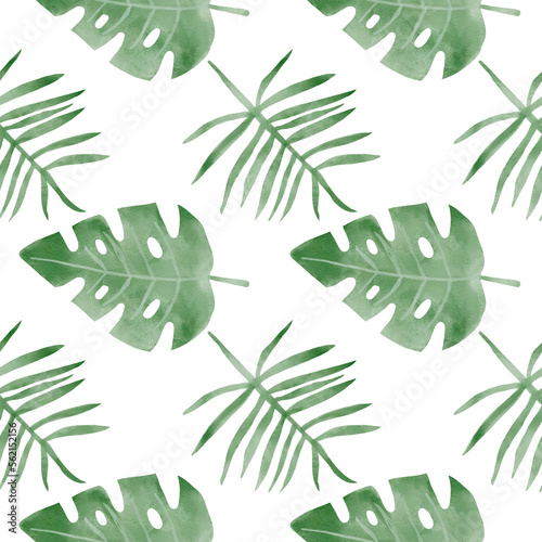 African leaves watercolor pattern. Jungle seamless watercolor background. Hand painted monstera palm leaves illustration isolated on white background. Nursery and wedding wallart