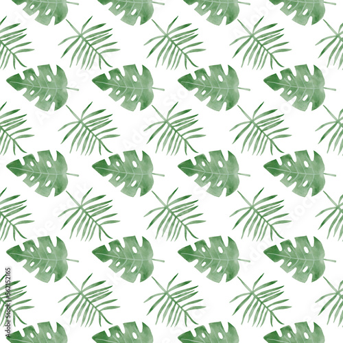 African leaves watercolor pattern. Jungle seamless watercolor background. Hand painted monstera palm leaves illustration isolated on white background. Nursery and wedding wallart