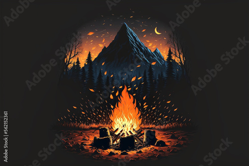 illustration of a campfire with mountains in the background. Generative AI