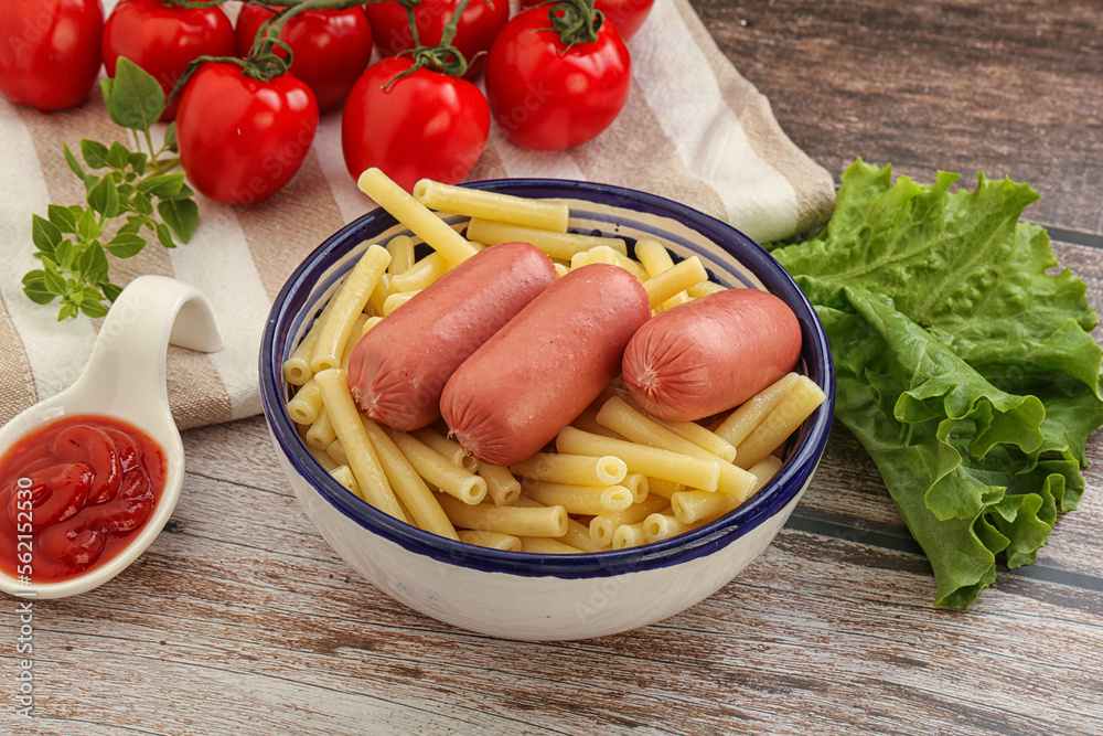Mini sausages with pasta macheroni Mini sausages with pasta macheroni