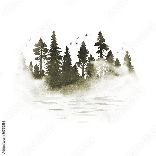 Watercolor foggy coniferous forest with river  in brown colors. Vector silhouette of trees. Nature hand drawn illustration with splashes
