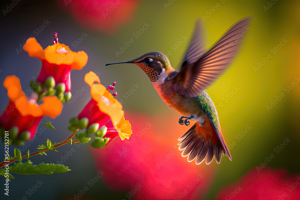 Naklejka premium Hummingbird flying to pick up nectar from a beautiful flower. Digital artwork 