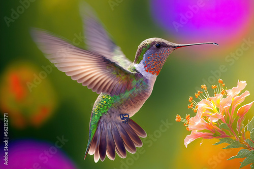 Hummingbird flying to pick up nectar from a beautiful flower. Digital artwork	
