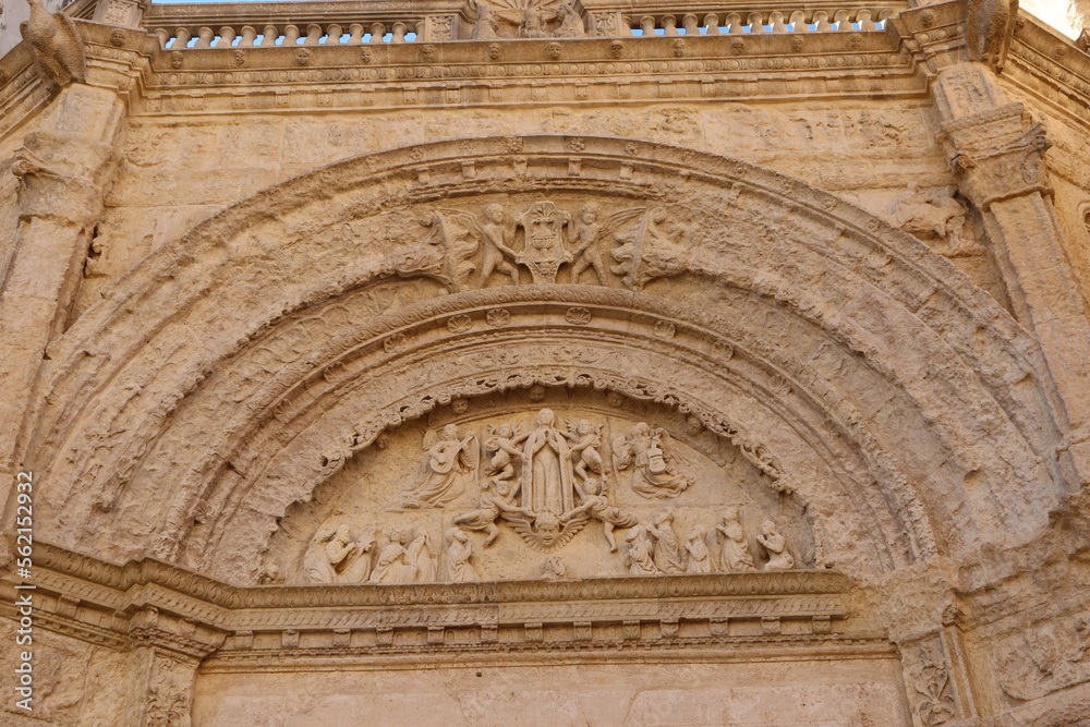 Biar, Alicante, Spain, January 14, 2023: Portico at the main entrance door of the church of our Lady of the Assumption of Biar, Alicante, Spain
