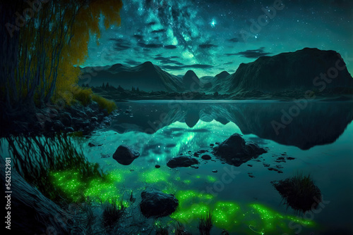 Beautiful landscape mountains and lake in the night with Milky Way background. Digital artwork  © Katynn