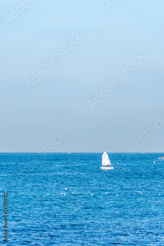 Sailing boat on the blue Mediterranean in Algiers city. Water sports.