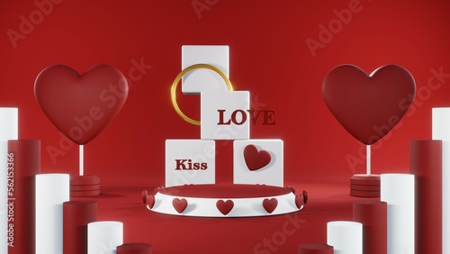 3D rendering of red podium for Valentine products on Valentine's Day.