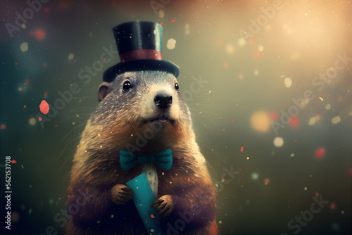 Fotobehang Celebrating Groundhog Day: A Groundhog in Top Hat and Bow Tie