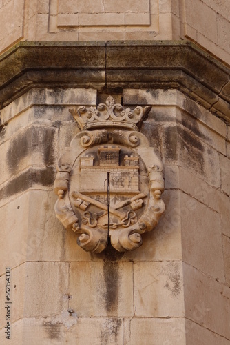 Biar, Alicante, Spain, January 14, 2023: Coat of arms on an exterior wall of the church of our Lady of the Assumption of Biar, Alicante, Spain