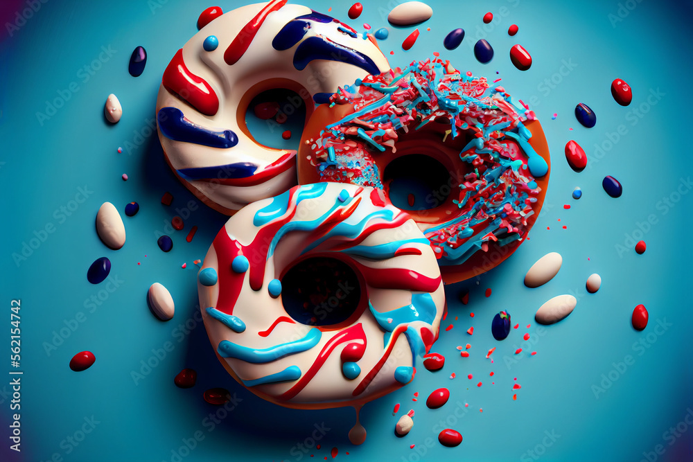 Red, White, and Blue Doughnuts with Glaze. Generative ai