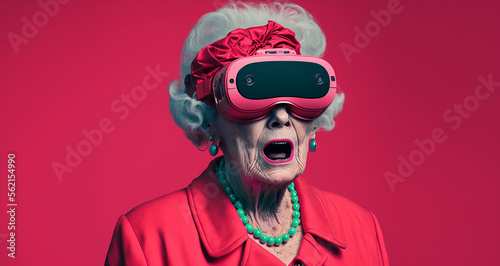 Generative AI illustration of amazed elderly woman shouting while exploring virtual reality photo