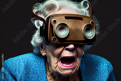 Generative AI image of shocked senior lady shouting while exploring virtual reality