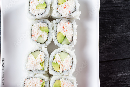 A top down view of a California roll.
