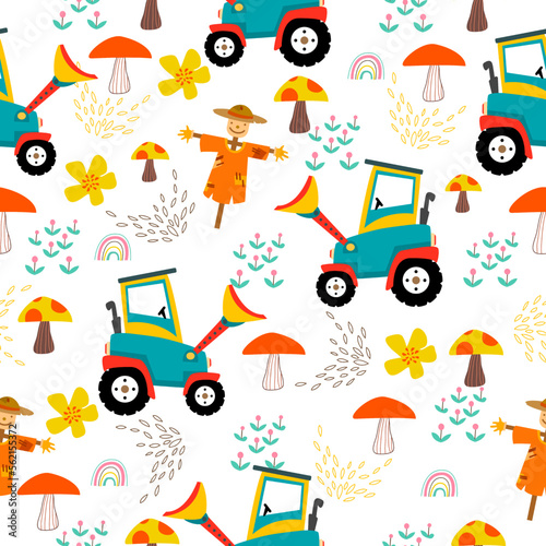Farm pattern design.Cute tractor  on white background. pattern.tractor pattern design for kids clothing ,card, fabric.Countryside