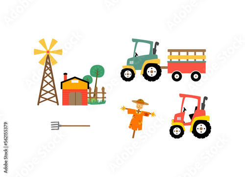 Farm object design.cute farm with  tractor  windmill  bran .Countryside design for kids  book cover  kids clothing  card.
