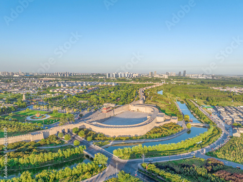 Aerial photography of Changle Gate and Zhengding Food Street in Zhengding Ancient City Wall, Zhengding County, Shijiazhuang City, Hebei Province, China